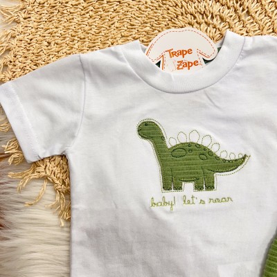 Conj. Camiseta baby! Let's Roar e Bermuda - Branco e Verde